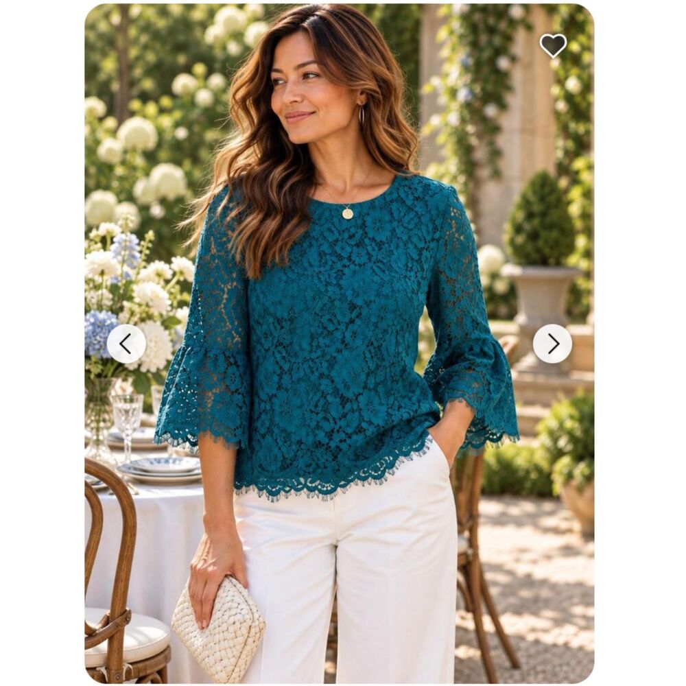 Draper James Teal Lace Bell Sleeve Blouse Top Women’s Size 2